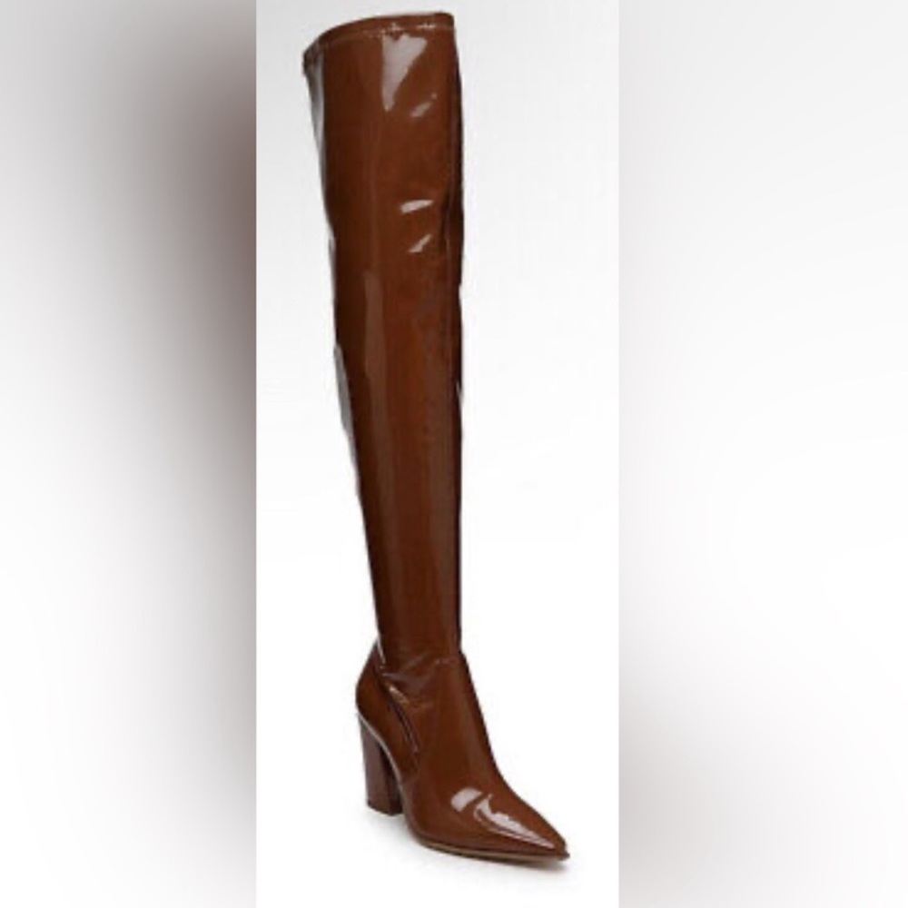 KNEE HIGH PATENT LEATHER BROWN BLOCK HEEL BOOT JLO SIZE 9.5